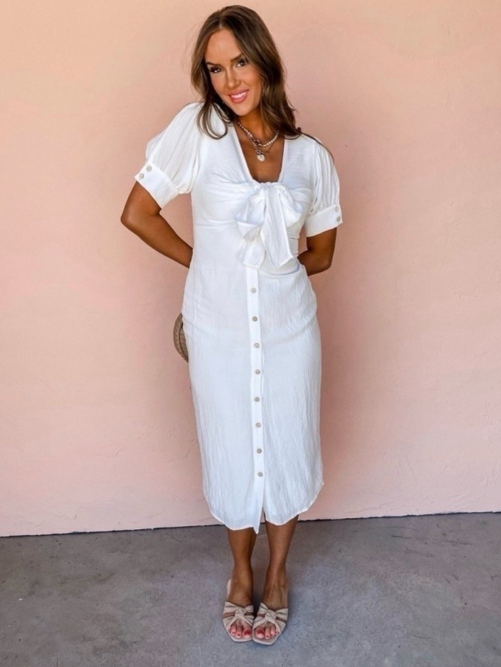 Miou Muse Button Front Woven Fabric Puff Short Sleeve Midi White Summer Dress